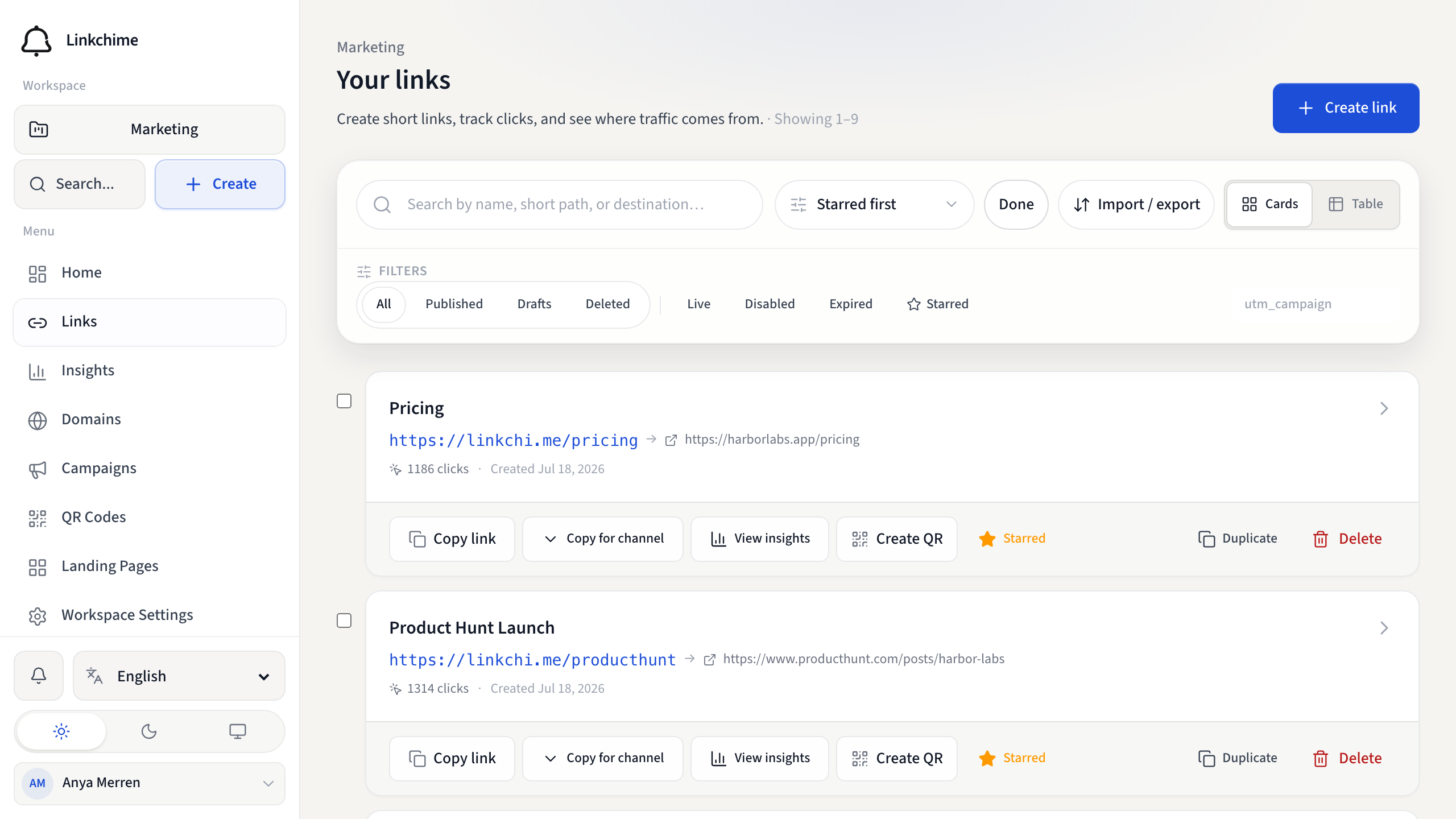 Links page in select mode for bulk actions