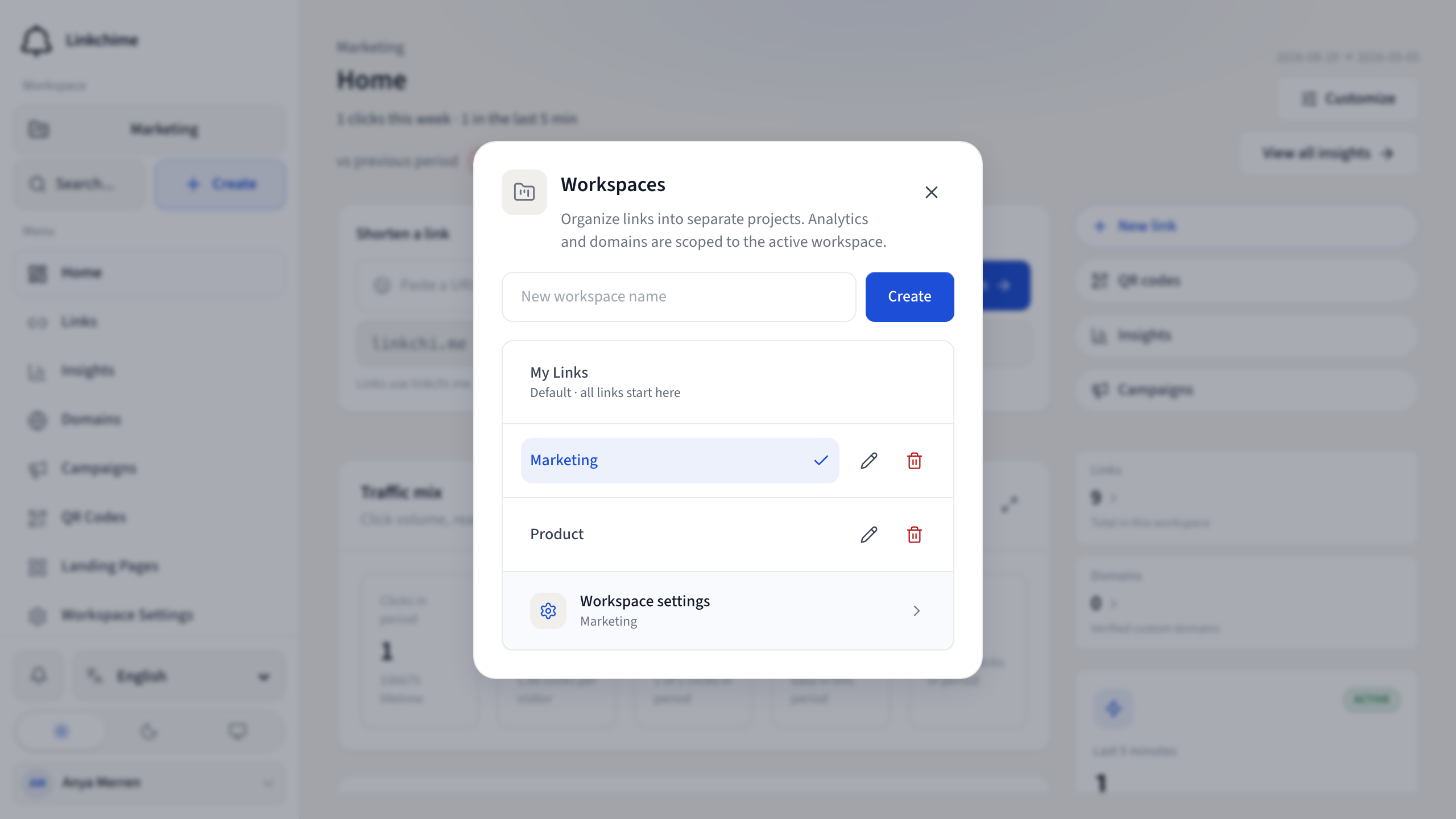 Workspace switcher listing Personal, Marketing, and Product workspaces