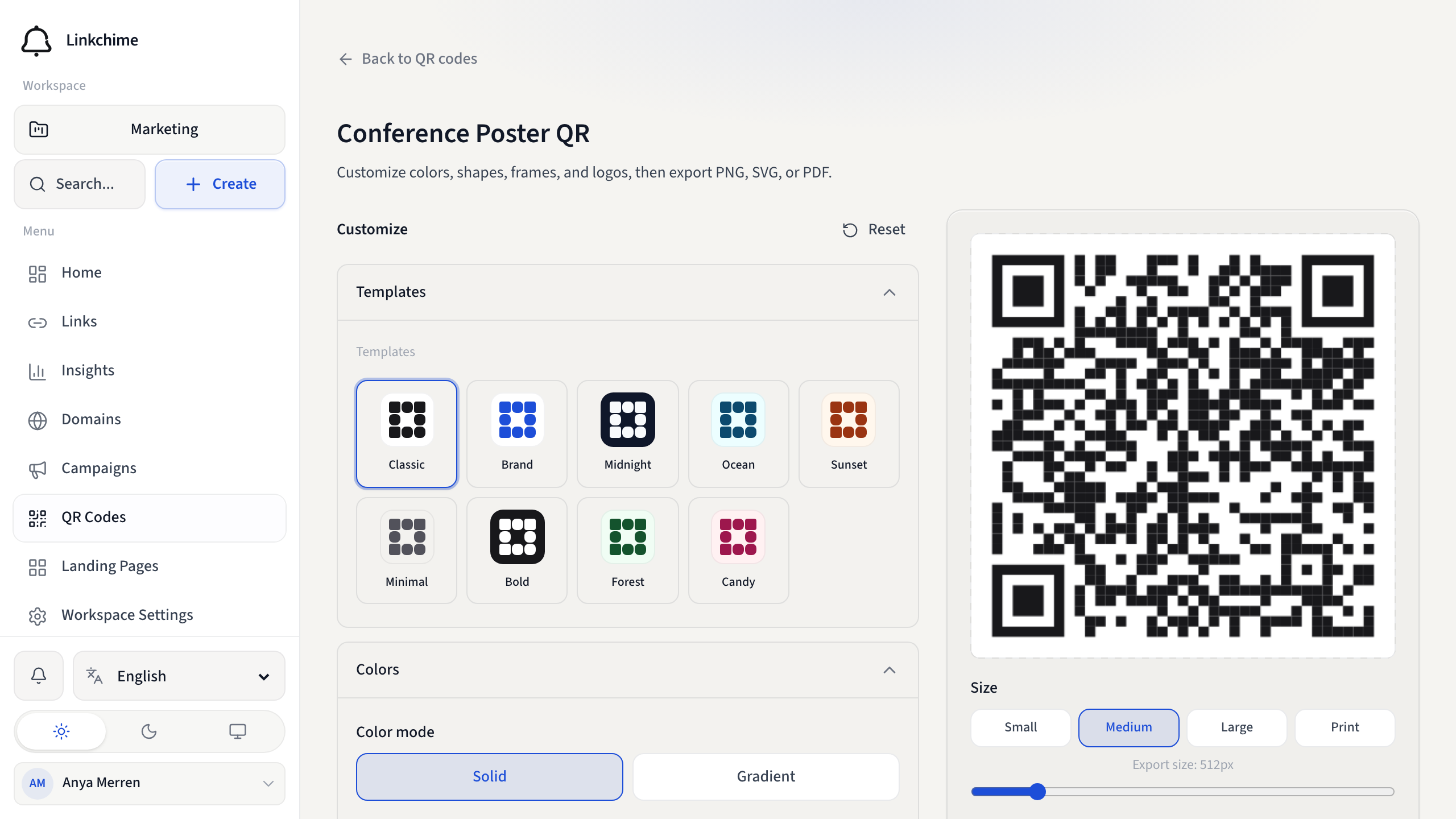 QR studio with templates and a live preview
