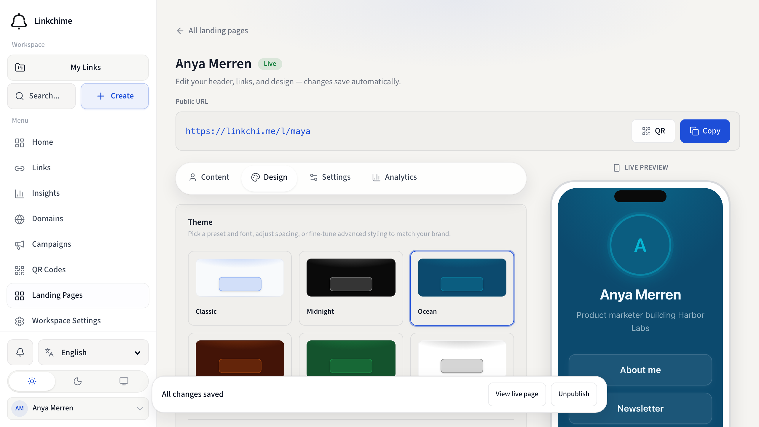 Landing page editor Design tab with theme presets