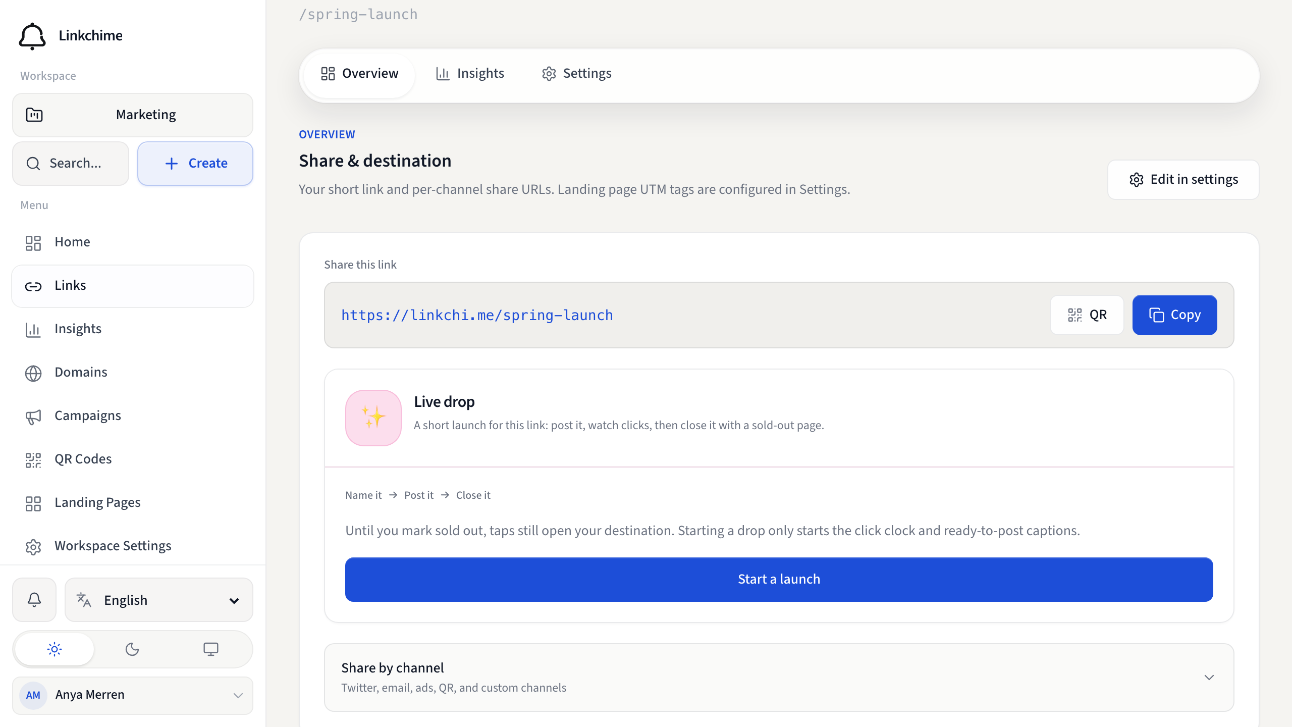 Link overview with the Live drop panel