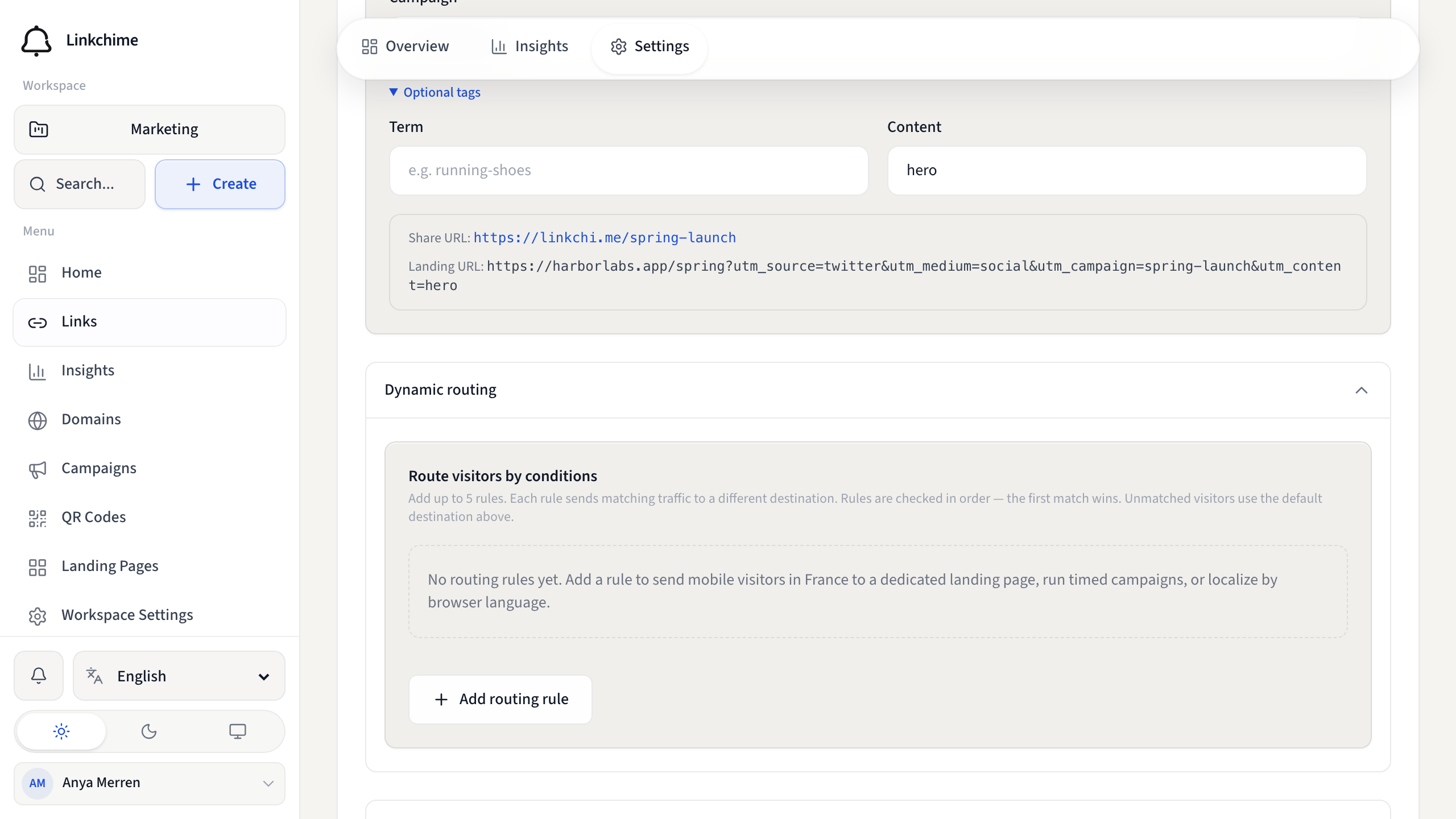 Link settings showing the dynamic routing section
