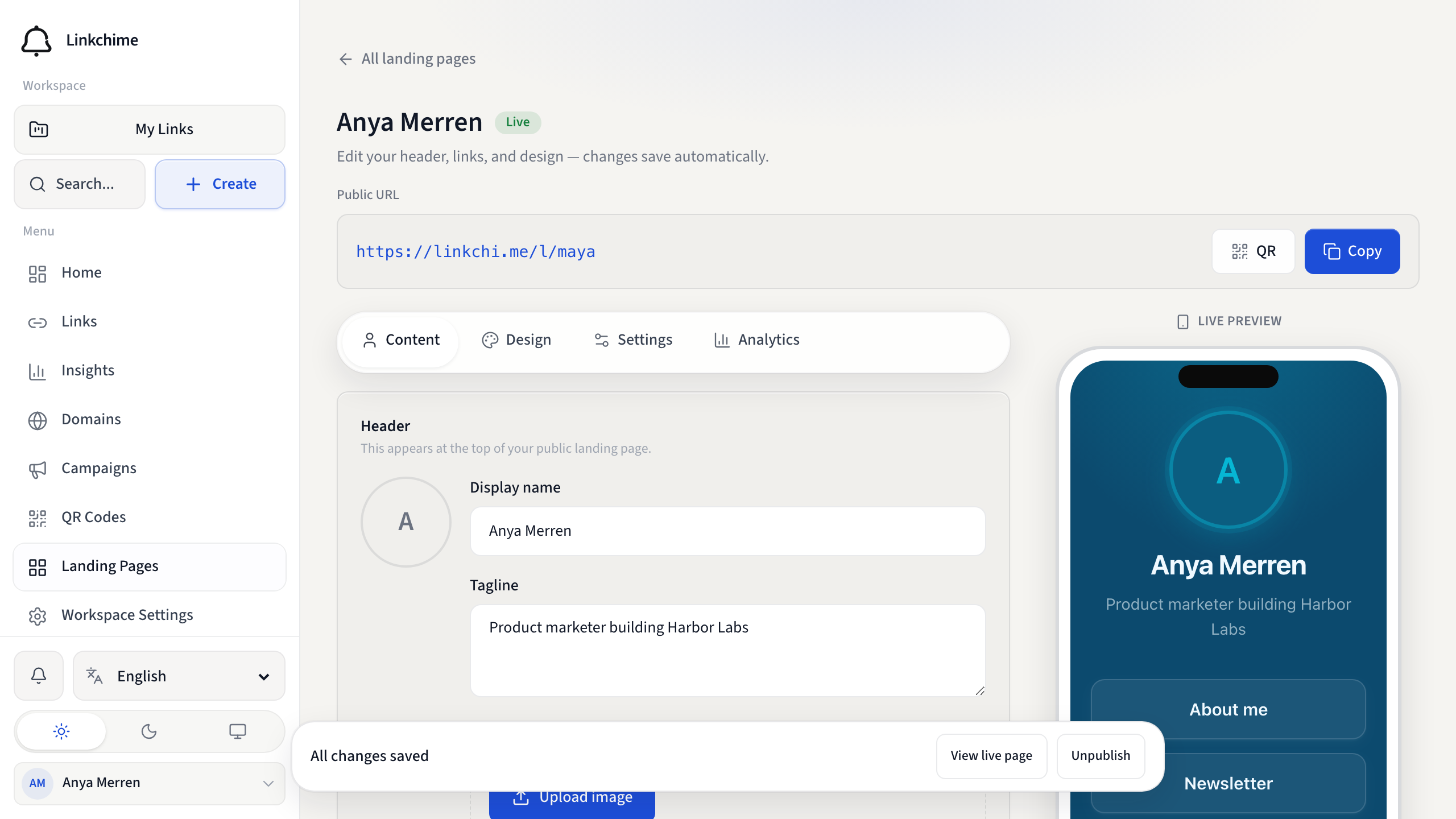 Landing page editor Content tab with live phone preview