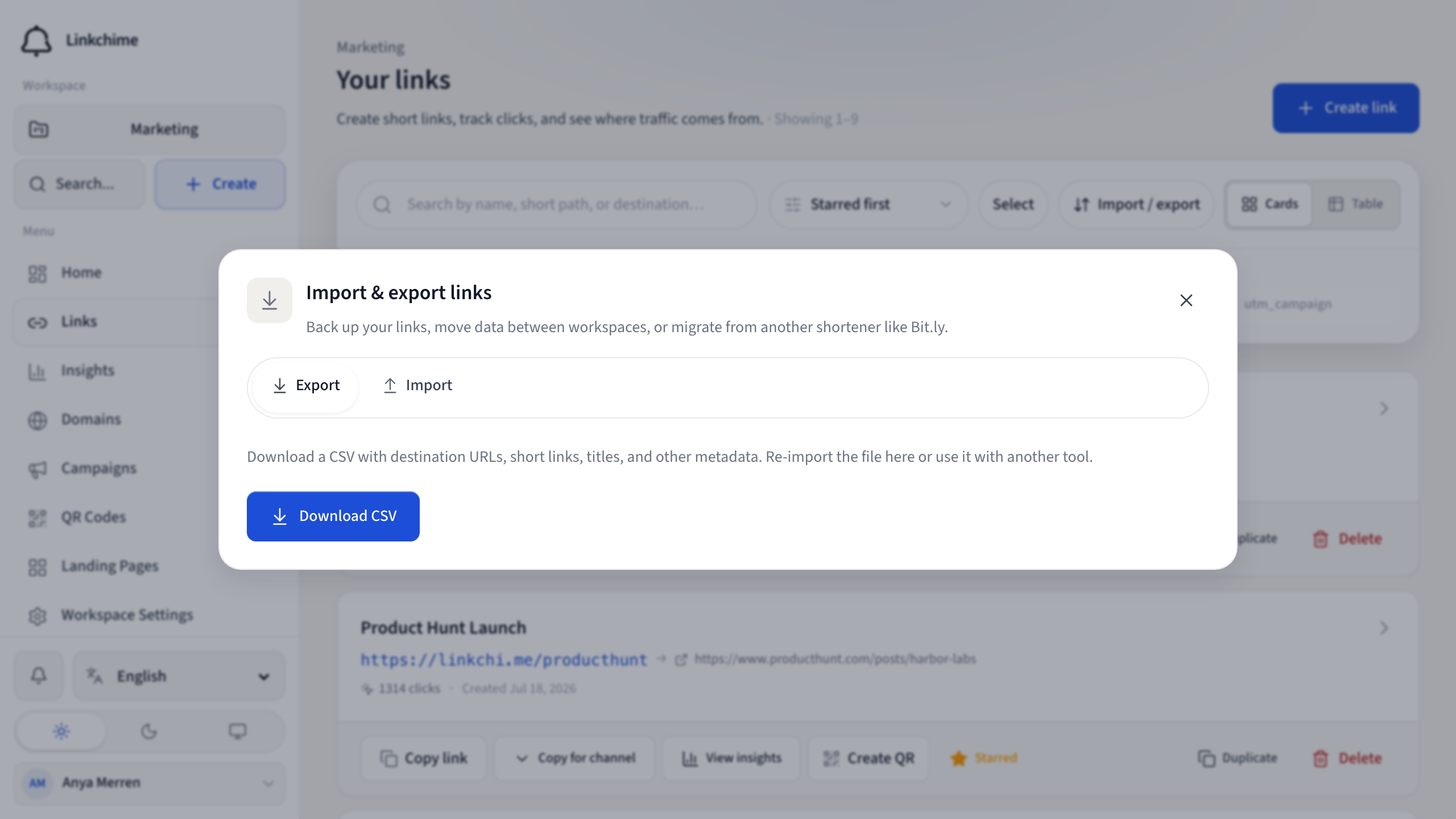 Import and export dialog for workspace links