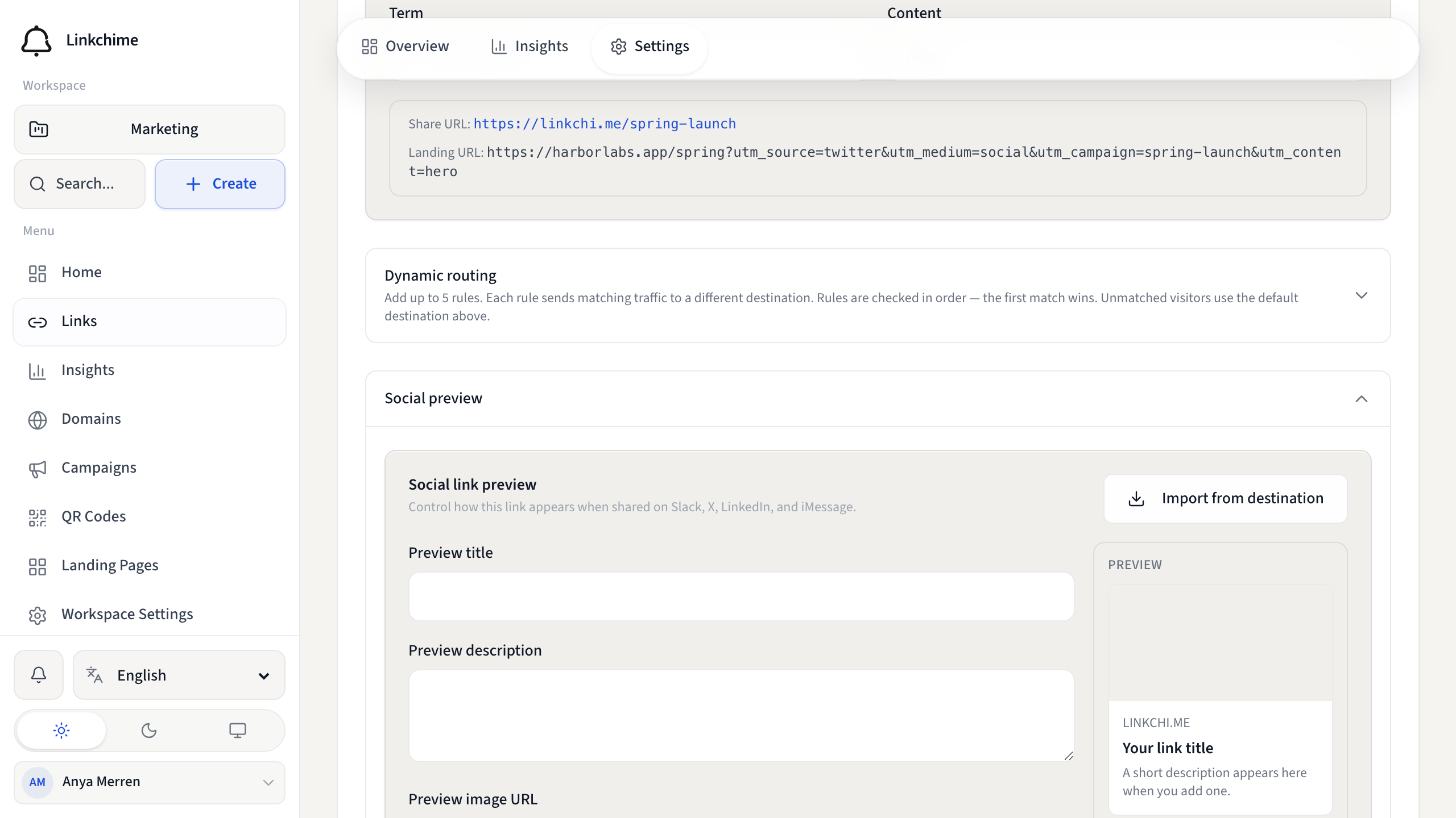 Link settings for custom social preview title, description, and image